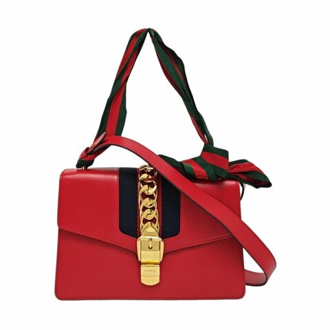 GUCCI Sylvie小號紅色牛皮條紋織帶塞爾維亞單肩包金色五金2條可拆卸肩帶