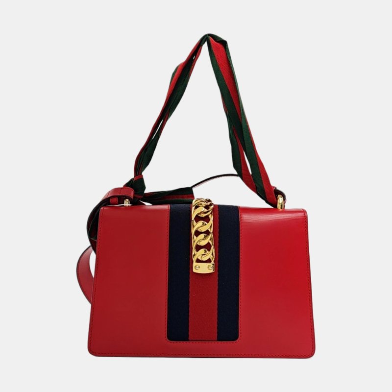 GUCCI Sylvie小號紅色牛皮條紋織帶塞爾維亞單肩包金色五金2條可拆卸肩帶-4