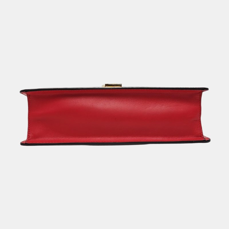 GUCCI Sylvie小號紅色牛皮條紋織帶塞爾維亞單肩包金色五金2條可拆卸肩帶-5