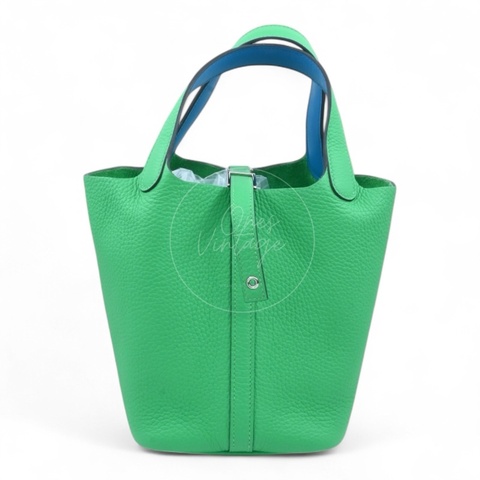 中古 愛馬仕 Picotin 18cm 綠色 TC皮 Taurillon Clemence皮革 菜籃子水桶包 銀色五金 U字刻印