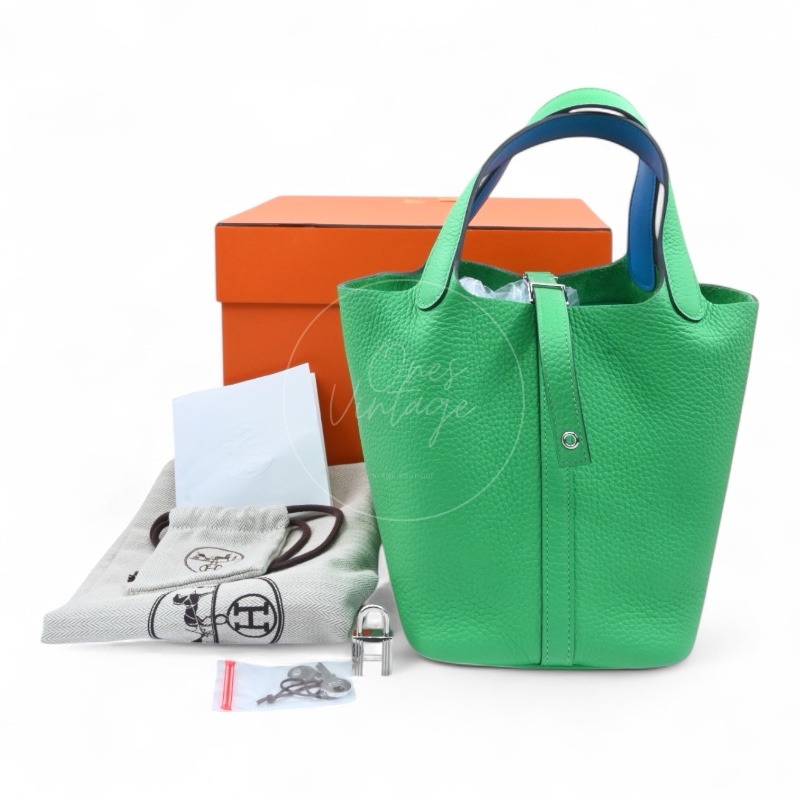 中古 愛馬仕 Picotin 18cm 綠色 TC皮 Taurillon Clemence皮革 菜籃子水桶包 銀色五金 U字刻印-46