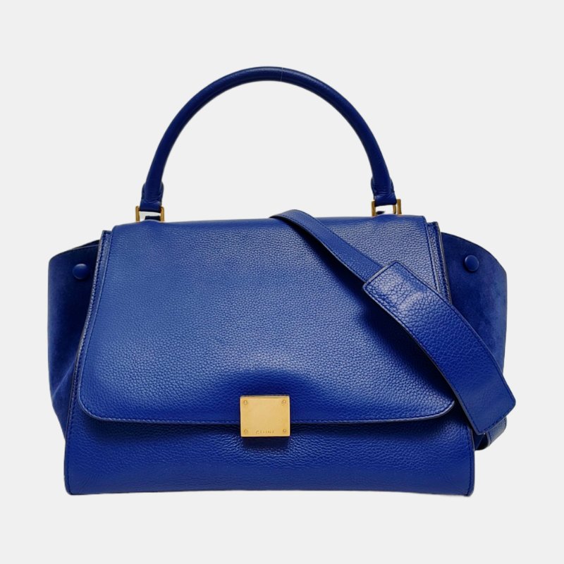 CELINE TRAPEZE中號深藍色牛皮鞦韆包單肩包手提包金色五金可拆卸肩帶-7