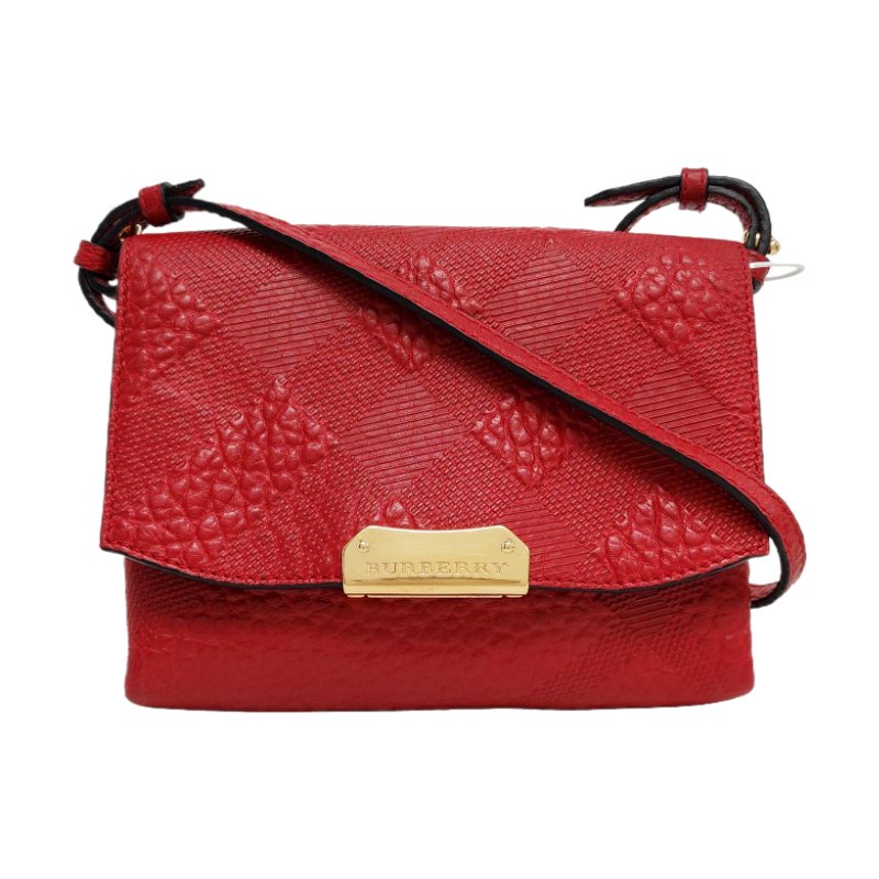 BURBERRY Langley紅色牛皮壓紋斜挎包單肩包金色五金可拆卸肩帶-0
