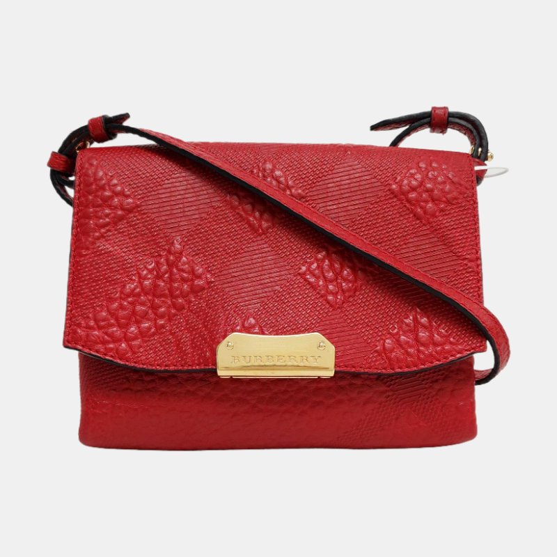 BURBERRY Langley紅色牛皮壓紋斜挎包單肩包金色五金可拆卸肩帶-7
