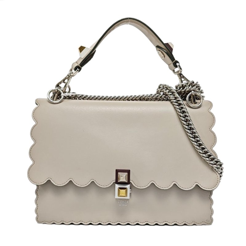 FENDI Kan I中號灰色牛皮鉚釘單肩包手提包金色銀色五金2條可拆卸肩帶-0