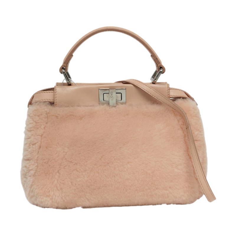 FENDI Peekaboo迷你粉色織物單肩包手提包斜挎包銀色五金可拆卸肩帶-0