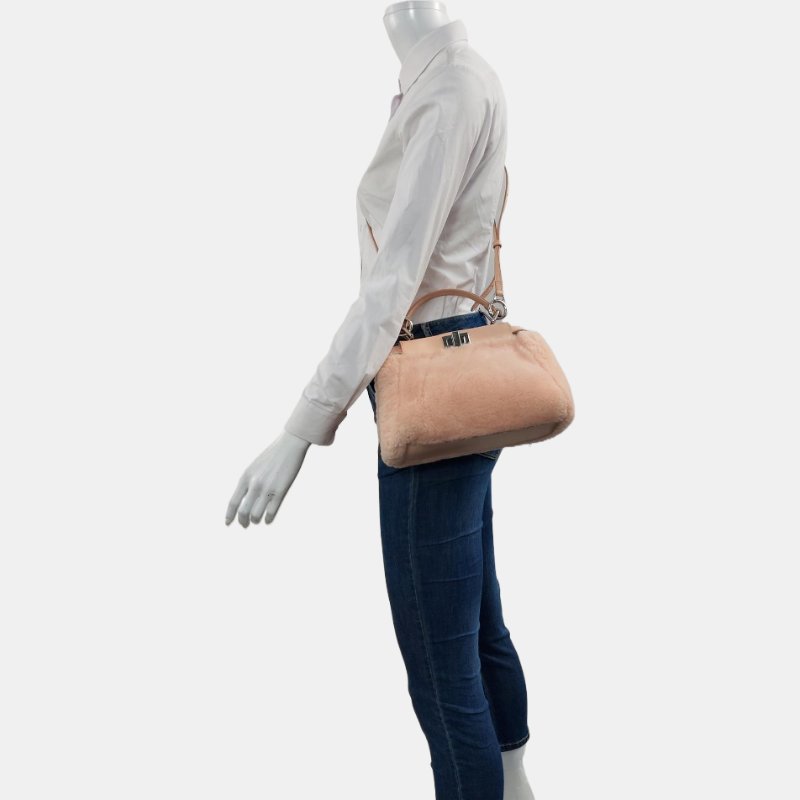 FENDI Peekaboo迷你粉色織物單肩包手提包斜挎包銀色五金可拆卸肩帶-1