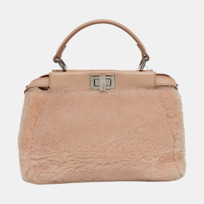 FENDI Peekaboo迷你粉色織物單肩包手提包斜挎包銀色五金可拆卸肩帶-4