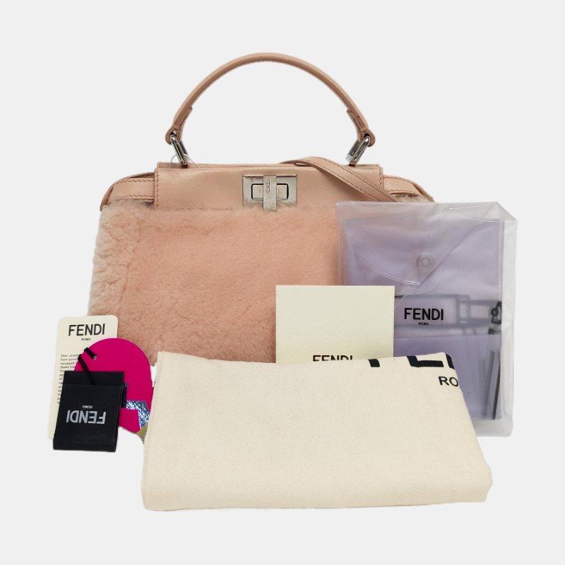 FENDI Peekaboo迷你粉色織物單肩包手提包斜挎包銀色五金可拆卸肩帶-7