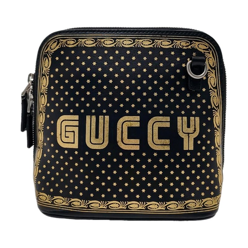 GUCCI Gucci X Sega黑色牛皮印花單肩包斜挎包銀色五金可拆卸肩帶-0