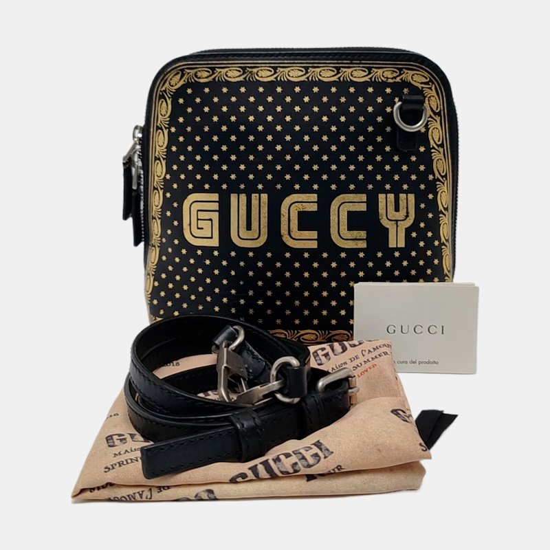 GUCCI Gucci X Sega黑色牛皮印花單肩包斜挎包銀色五金可拆卸肩帶-7