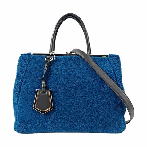 FENDI 2 Jours藍色羊毛皮單肩包斜挎包手提包金色黑色五金可拆卸肩帶