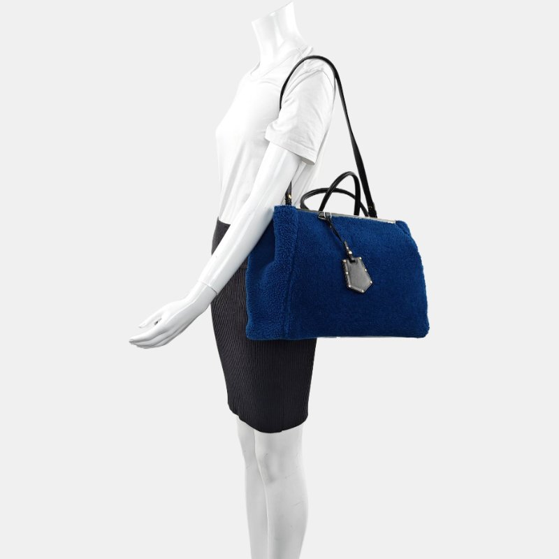 FENDI 2 Jours藍色羊毛皮單肩包斜挎包手提包金色黑色五金可拆卸肩帶-1