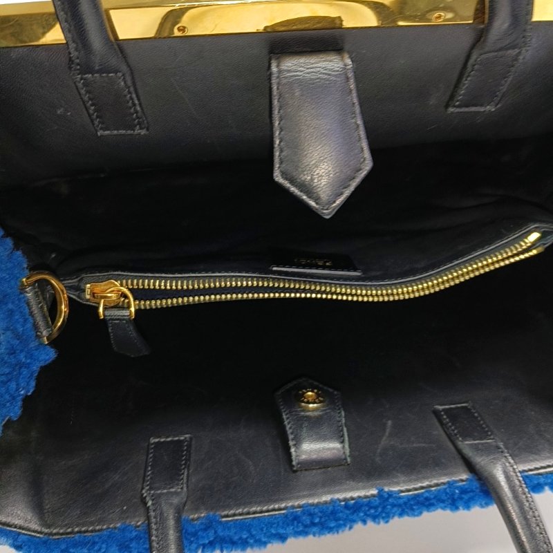 FENDI 2 Jours藍色羊毛皮單肩包斜挎包手提包金色黑色五金可拆卸肩帶-6