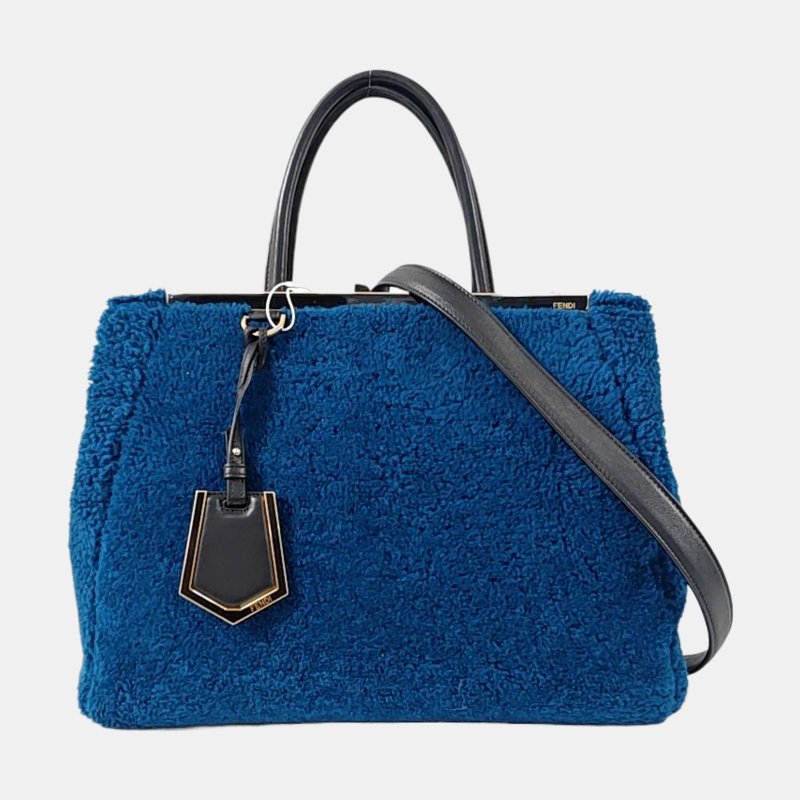 FENDI 2 Jours藍色羊毛皮單肩包斜挎包手提包金色黑色五金可拆卸肩帶-7