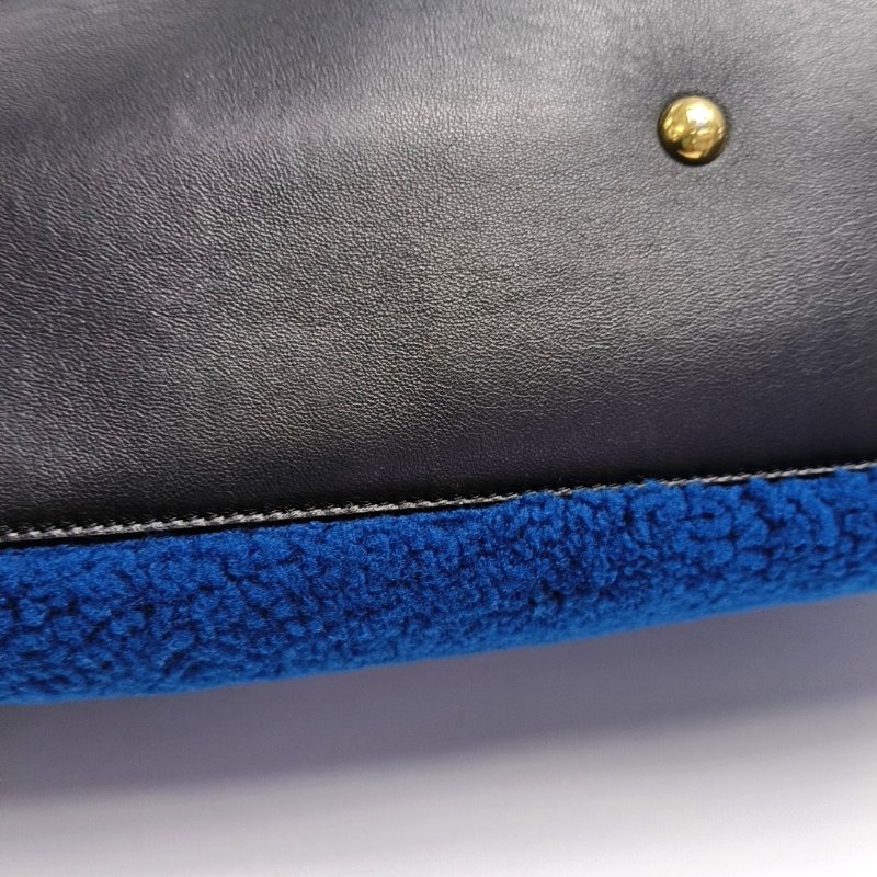 FENDI 2 Jours藍色羊毛皮單肩包斜挎包手提包金色黑色五金可拆卸肩帶-9