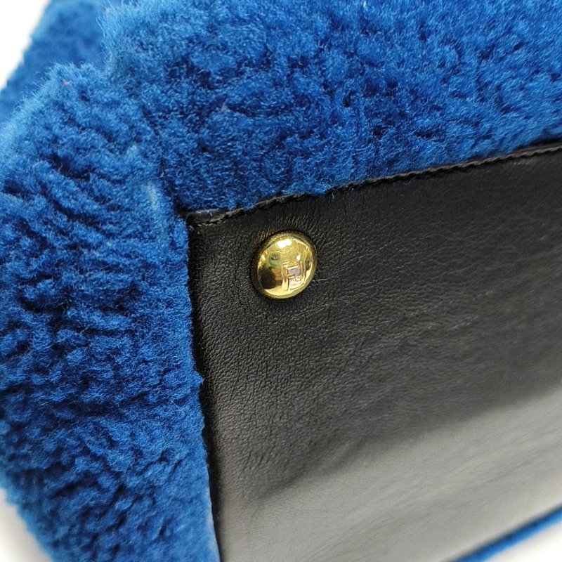 FENDI 2 Jours藍色羊毛皮單肩包斜挎包手提包金色黑色五金可拆卸肩帶-11
