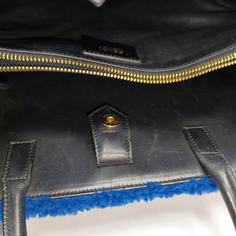 FENDI 2 Jours藍色羊毛皮單肩包斜挎包手提包金色黑色五金可拆卸肩帶-13