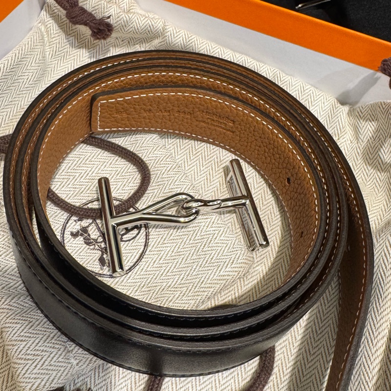 Hermes黑/棕雙面銀H皮帶105cm-10