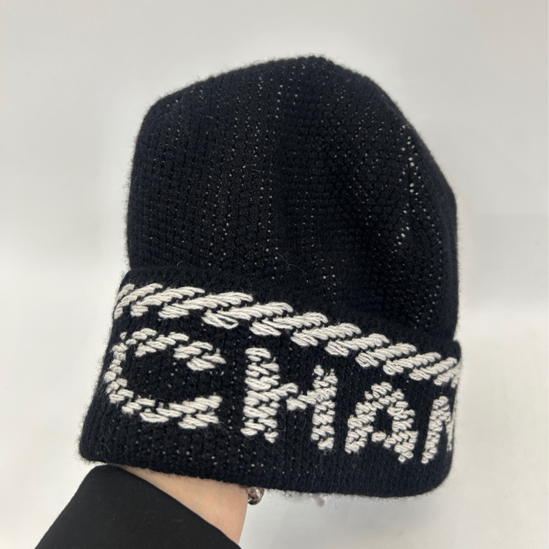 Chanel 黑底白logo 100%喀什米爾羊毛帽-1