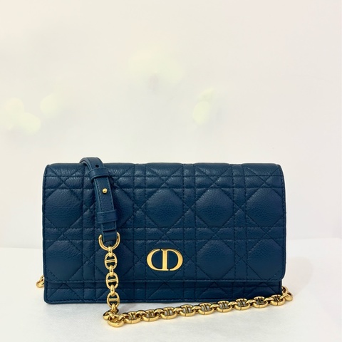 DIOR Caro藍羊皮金釦鍊帶腰包