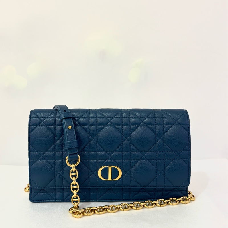 DIOR Caro藍羊皮金釦鍊帶腰包-0