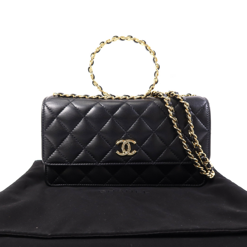 CHANEL 羊皮皮革WOC Wallet On Chain Handle金扣鏈帶手挽肩背兩用袋-9