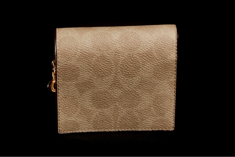 COACH 緹花LOGO防刮皮革釦式拉鍊袋短夾-灰褐-3