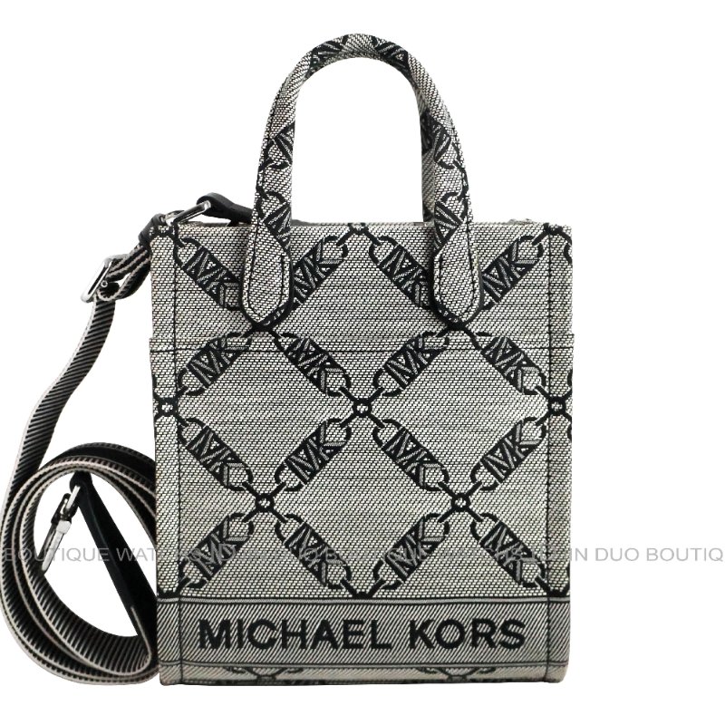 金鐸精品~2498 MICHAEL KORS MK GIGI灰黑色緹花織布手提側肩背兩用托特包-0