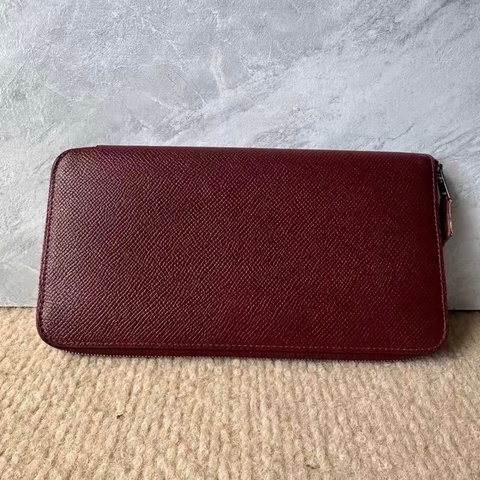9成新 愛馬仕Hermès Silk’In 拉鍊長夾 酒紅Epsom｜絲巾內裡｜銀扣 EPSOM