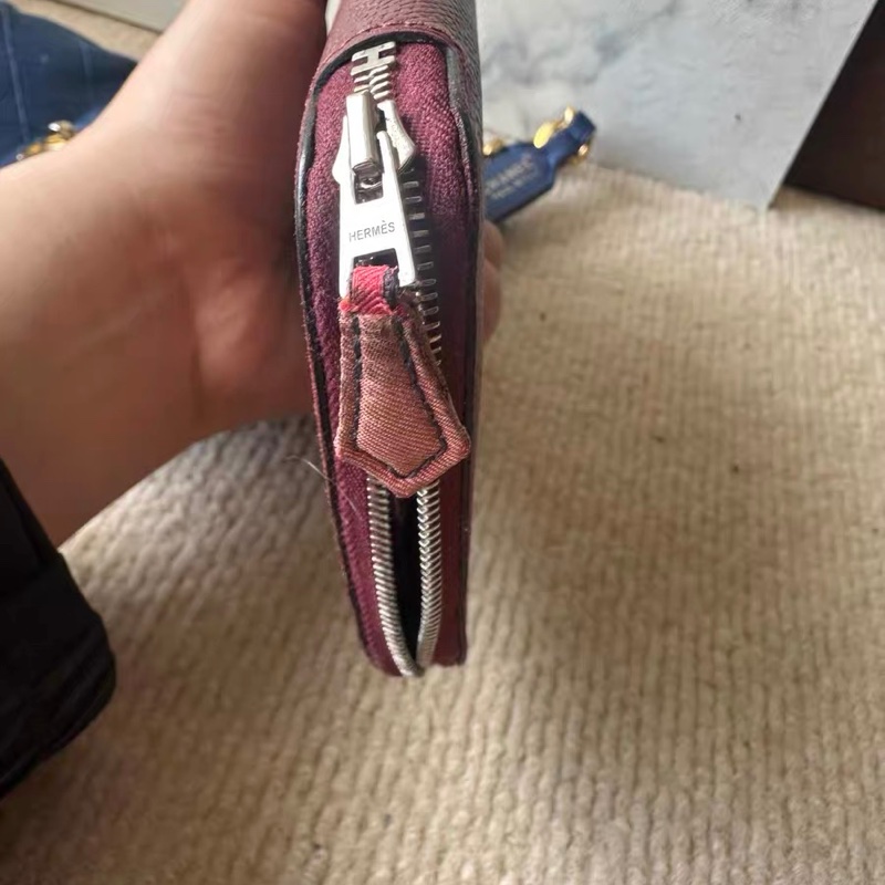 9成新 愛馬仕Hermès Silk’In 拉鍊長夾 酒紅Epsom|絲巾內裡|銀扣 EPSOM-8