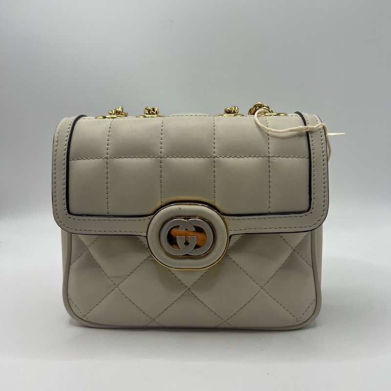 GUCCI古驰 Deco 互扣式双G徽标链条绗缝 皮革 手提斜挎单肩包 女款 白色-0