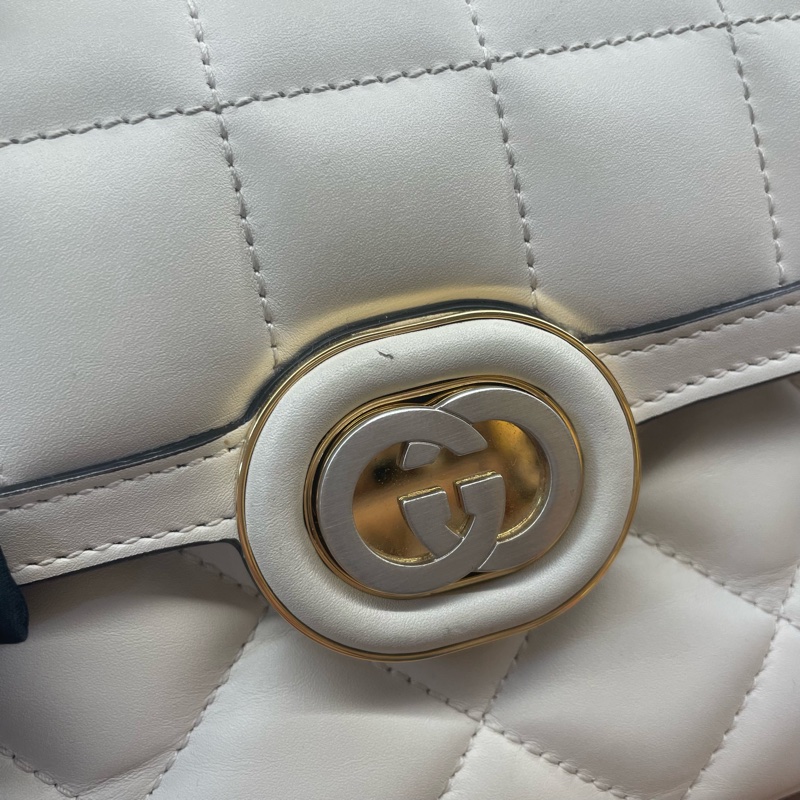 GUCCI古驰 Deco 互扣式双G徽标链条绗缝 皮革 手提斜挎单肩包 女款 白色-12