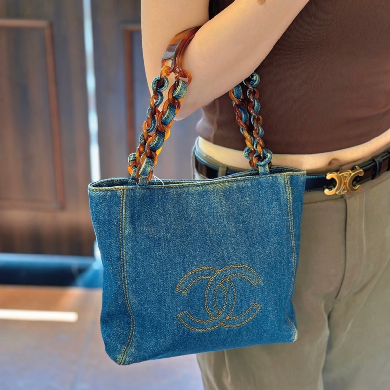 Chanel香奈兒 中古牛仔拼玳瑁手提包  底長約25。-0