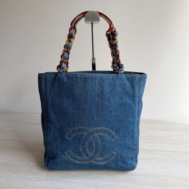 Chanel香奈兒 中古牛仔拼玳瑁手提包  底長約25。-2