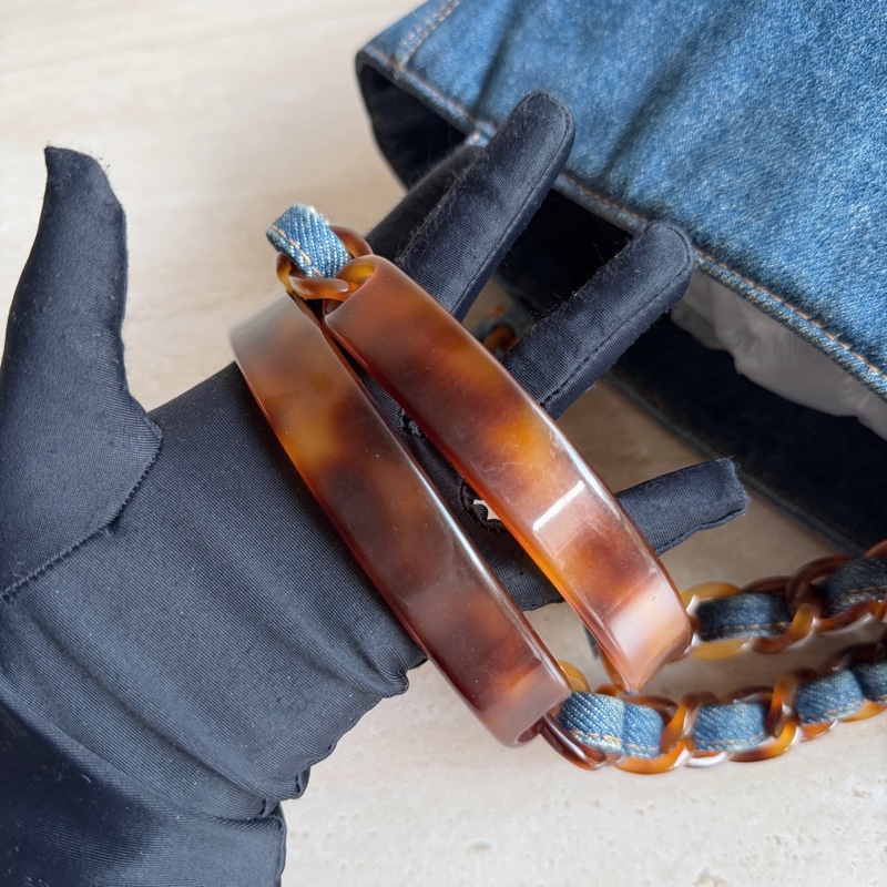 Chanel香奈兒 中古牛仔拼玳瑁手提包  底長約25。-8