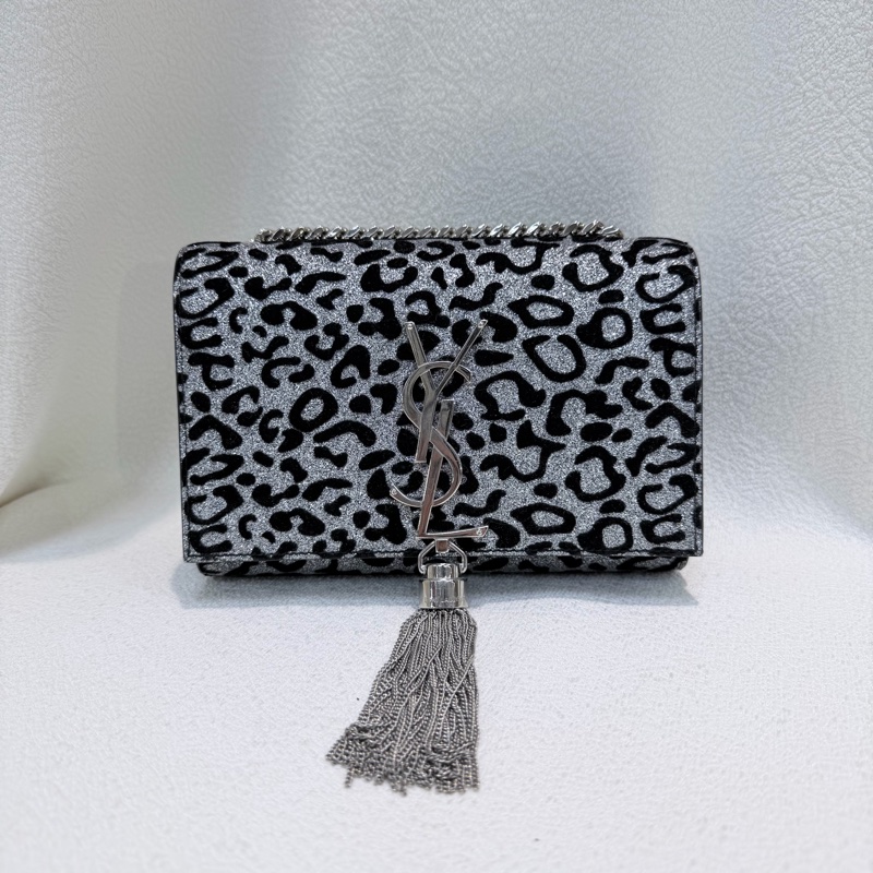 YSL 銀閃粉豹紋流蘇鏈條斜背包 X672-0
