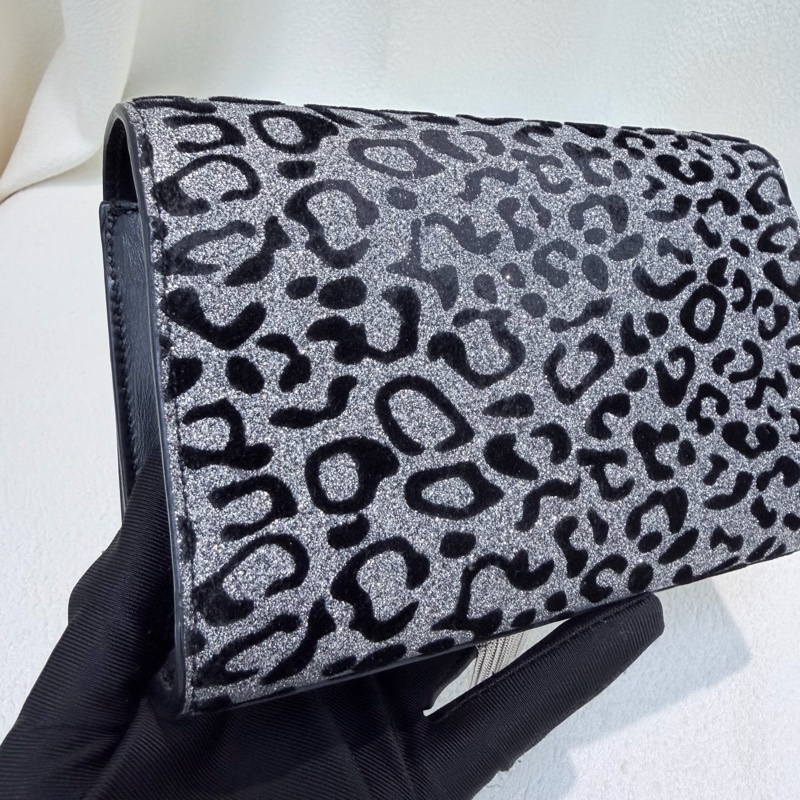 YSL 銀閃粉豹紋流蘇鏈條斜背包 X672-5