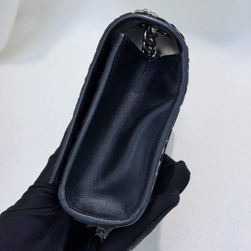 YSL 銀閃粉豹紋流蘇鏈條斜背包 X672-8