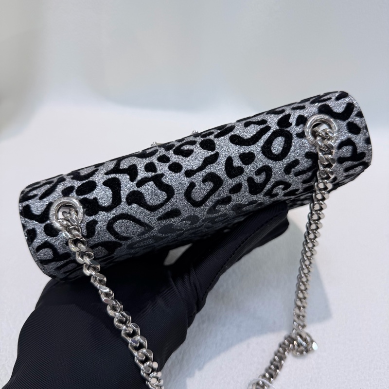 YSL 銀閃粉豹紋流蘇鏈條斜背包 X672-13