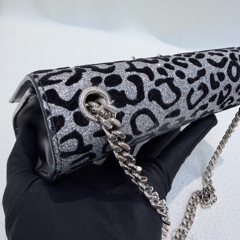 YSL 銀閃粉豹紋流蘇鏈條斜背包 X672-14