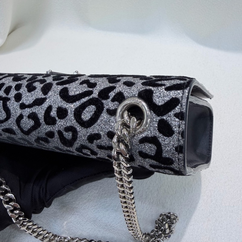 YSL 銀閃粉豹紋流蘇鏈條斜背包 X672-15