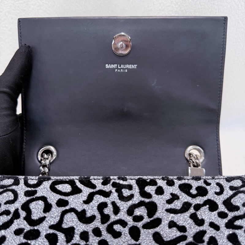 YSL 銀閃粉豹紋流蘇鏈條斜背包 X672-16