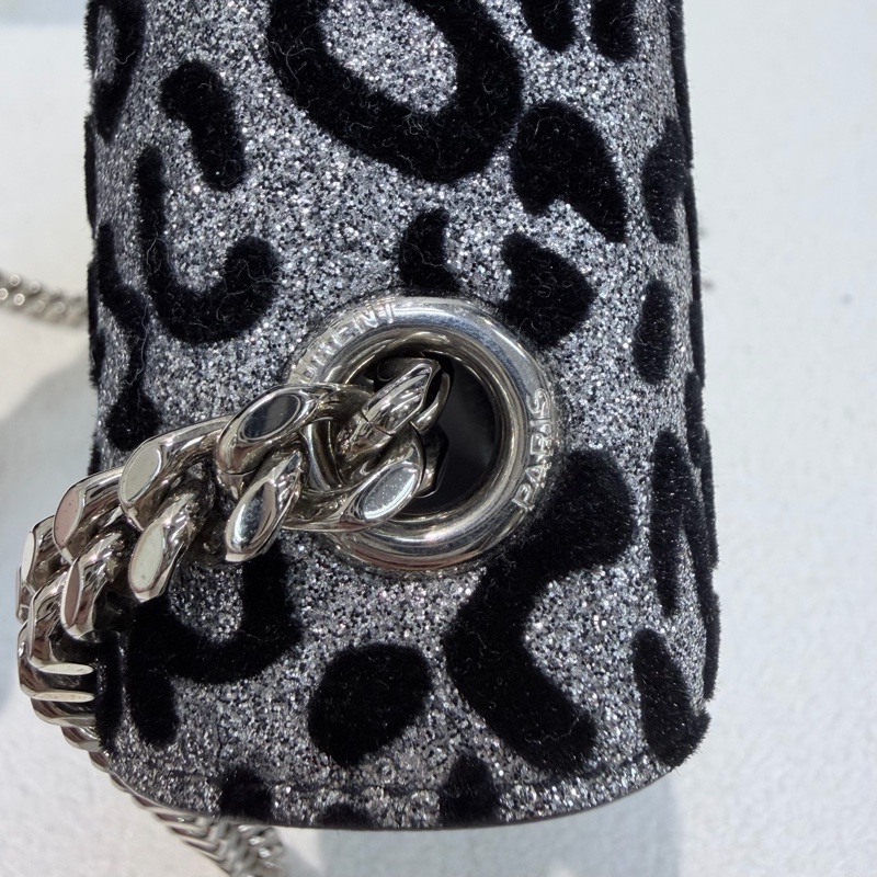 YSL 銀閃粉豹紋流蘇鏈條斜背包 X672-27