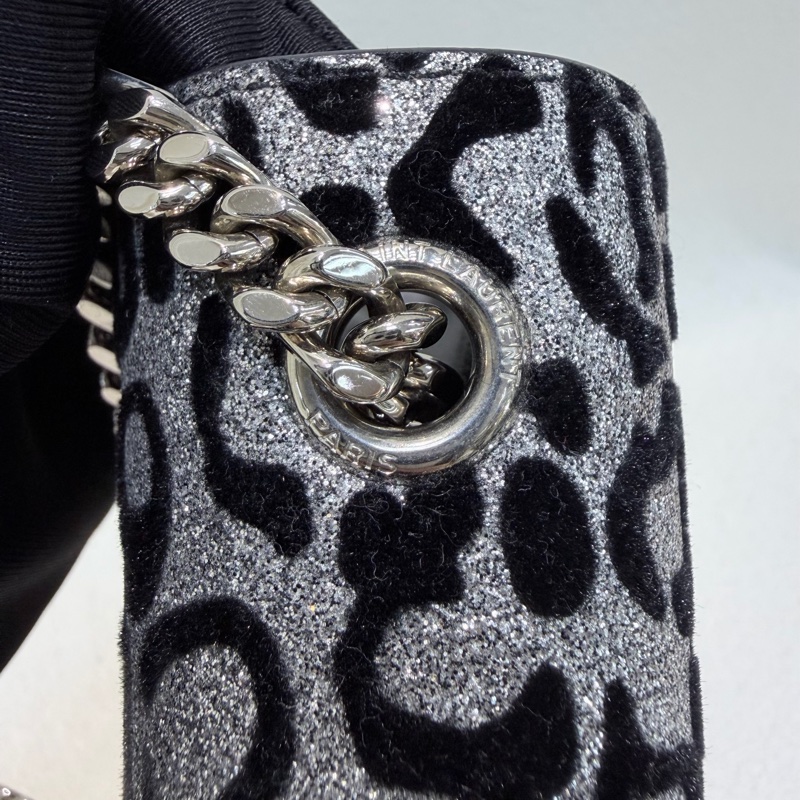 YSL 銀閃粉豹紋流蘇鏈條斜背包 X672-28