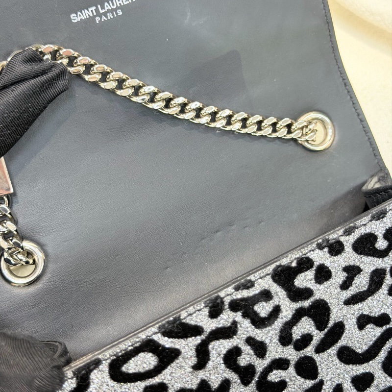 YSL 銀閃粉豹紋流蘇鏈條斜背包 X672-35