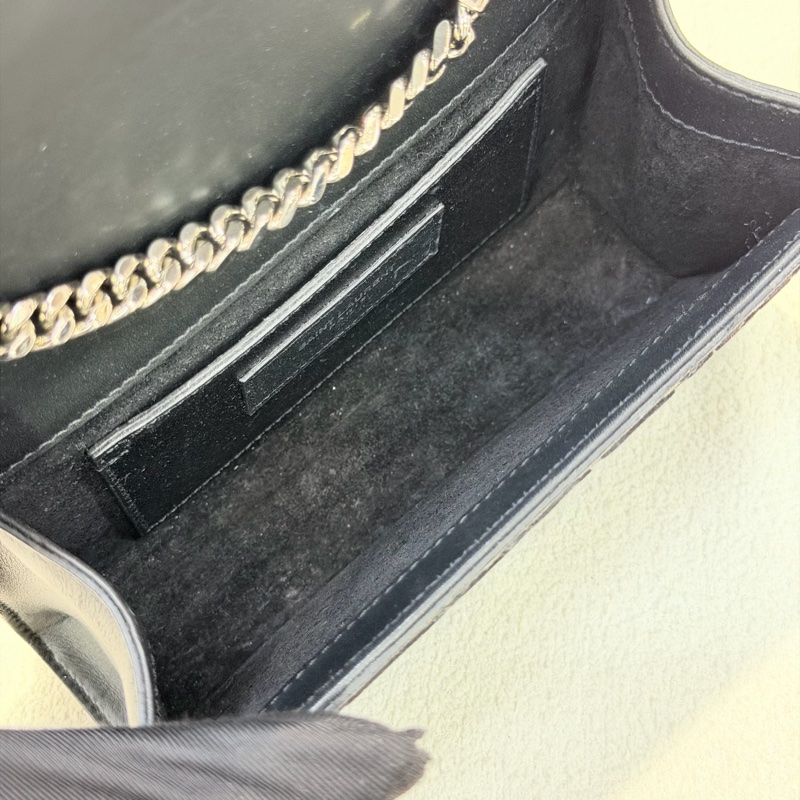 YSL 銀閃粉豹紋流蘇鏈條斜背包 X672-46