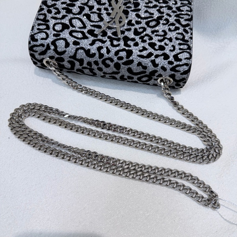 YSL 銀閃粉豹紋流蘇鏈條斜背包 X672-7