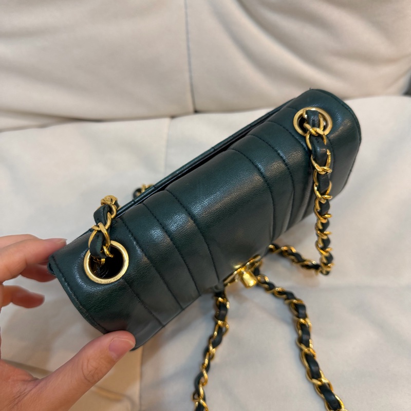 Chanel vintage 豎紋 深綠色 方胖子 24K金 古董 中古 稀有 條紋-1