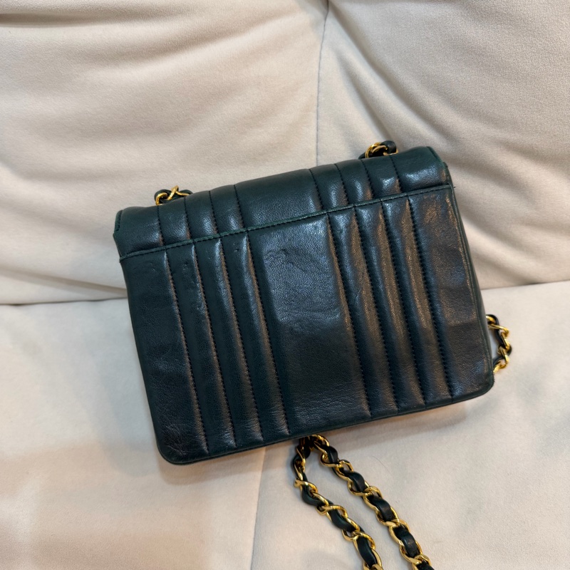 Chanel vintage 豎紋 深綠色 方胖子 24K金 古董 中古 稀有 條紋-2